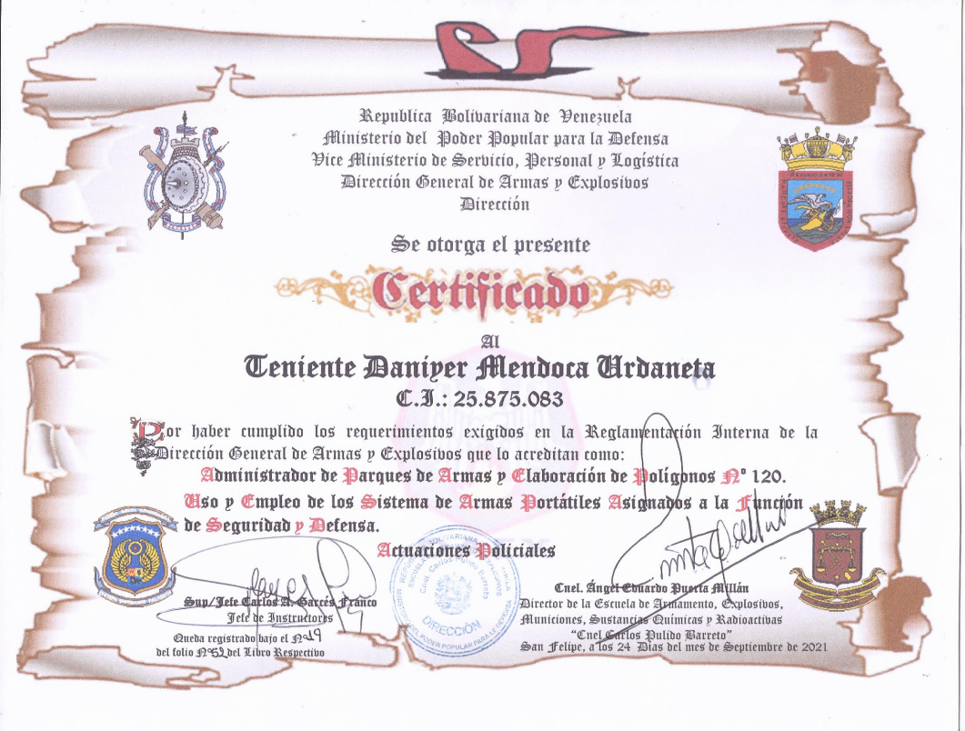Certificado Administrador de Parques de Armas.